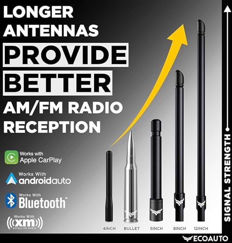 Image of EcoAuto Bullet Antenna Replacement for Dodge Ram & Ford F150 F250 F350 Super Duty Ford Raptor Bronco Trucks - Anti-Theft Design - Radio Antenna for Truck 1990 - Current (Chrome)
