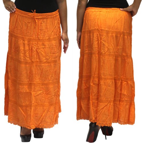 Lss5 Orange Long Solid Ethinc Womens Peasant Bohemian Gypsy Full Length Skirt - Lined, One Size #TOP1