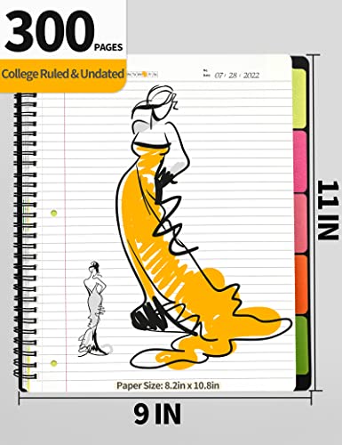 Sunee 5 Subject Notebook College Ruled - 300 Pages, 8.2"X10.8", Spiral Lined Notebook With 5 Pocket Colored Dividers, 3-Hole Punched Paper, Black Notebooks For School Supplies, Home & Office, Writing Journal #TOP2