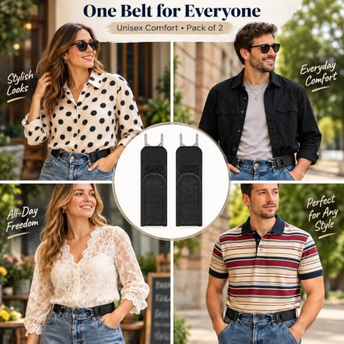 Image of Buckle-Free Elastic Waistband Belt Set of 2, Adjustable Metal Hook Stretch Straps, Invisible Belt Alternative for Jeans, Pants and Work Trousers for Men and Women