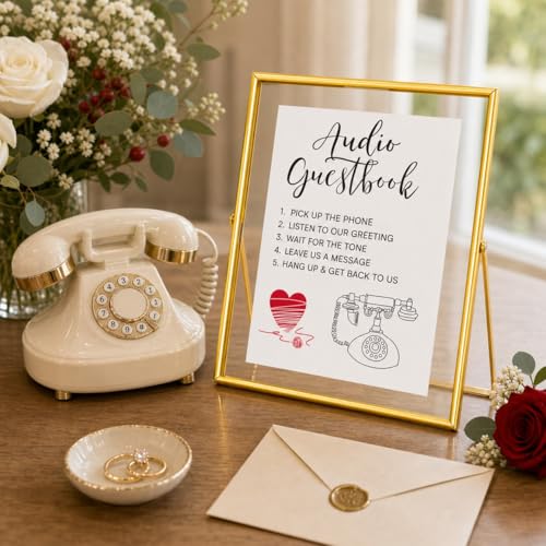 Image of Calculs Audio Guest Book Sign, Gold 8x10 Floating Picture Frame | Double glass metal frame, fits 6x8 insert, audio guest book table, reusable tabletop frame for signs and photos