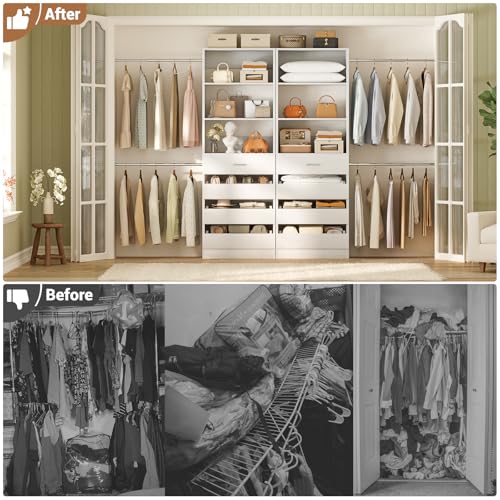 Aheaplus Closet System, 6-15Ft Closet Organizer with 8 Wooden Drawers, Wood Closet Organizer System with Tower, Walk-in Closet Organizer Wardrobe Clothes Rack with 4 Hanging Rods, Garment Rack, White