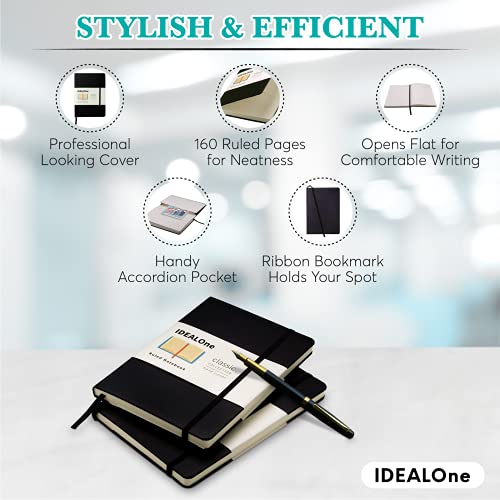 Idealone Journal Notebook Lined Classic Hardcover – Work, Home, School, 5.7 X 8 Inches, 7Mm Wide College Ruled,160 Pages, 100Gsm Thick Paper, Elastic Band, Ribbon Bookmark, Black #TOP5