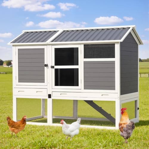 AECOJOY 68'' Large Chicken Coop with 4 Nesting Boxes, Grey & White