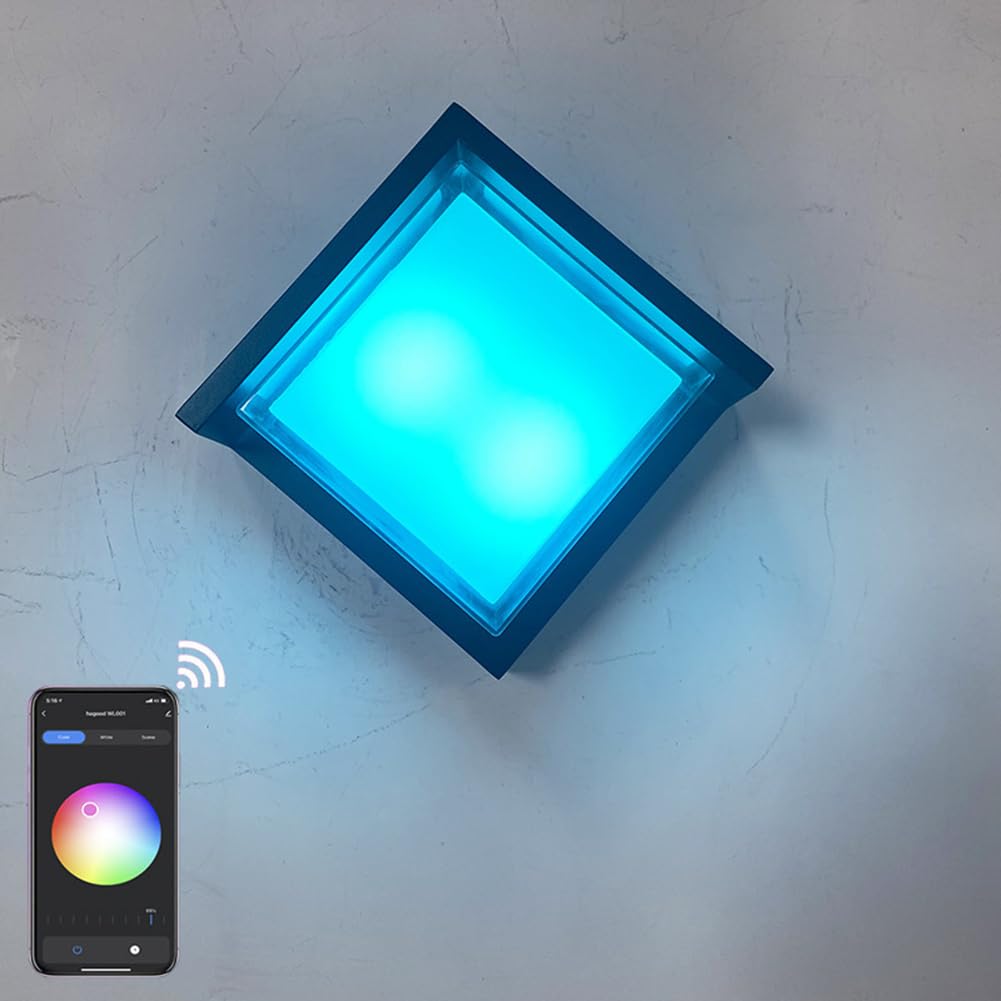 LED Außenlampe Quadratische RGB Dimmbar Wandleuchte Smart APP Steuerung Timer Wandlampe Innen Außen Wasserdicht IP65 Außenwandleuchte RGB Farbwechsler Wandbeleuchtung für Indoor Outdoor Garten