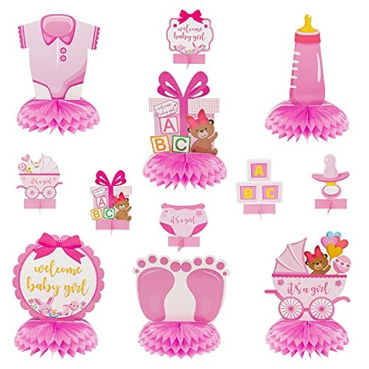 OSNIE 12Pcs Pink Baby Shower Party Centerpieces It's a Girl Baby Shower Honeycomb Decoration Welcome Baby Girls Gender Reveal Party Table Topper Decorations Newborn Baby Party Favors Photo Booth Props