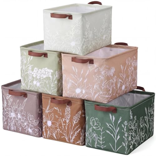 Image of Fourluoo 6 Pack Floral Storage Basket with Handles Clothes Storage Basket Bin Foldable Box Bins Organizer for Closet Shelf Nursery Kid Room Book Toy Chest(6,Flower Line Drawing)