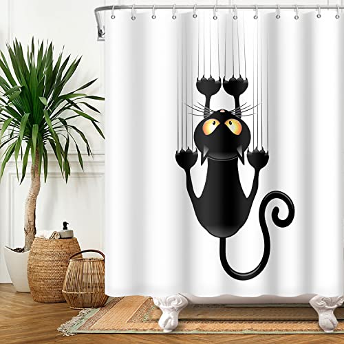 SDOTPMT 140x183cm Black Cat with Sharp Paws Shower Curtain Cute Funny Cat Kitty Bath Curtain White Background Bathtub Curtain for Child Bathroom Decor Fabric Polyester Waterproof with Hooks