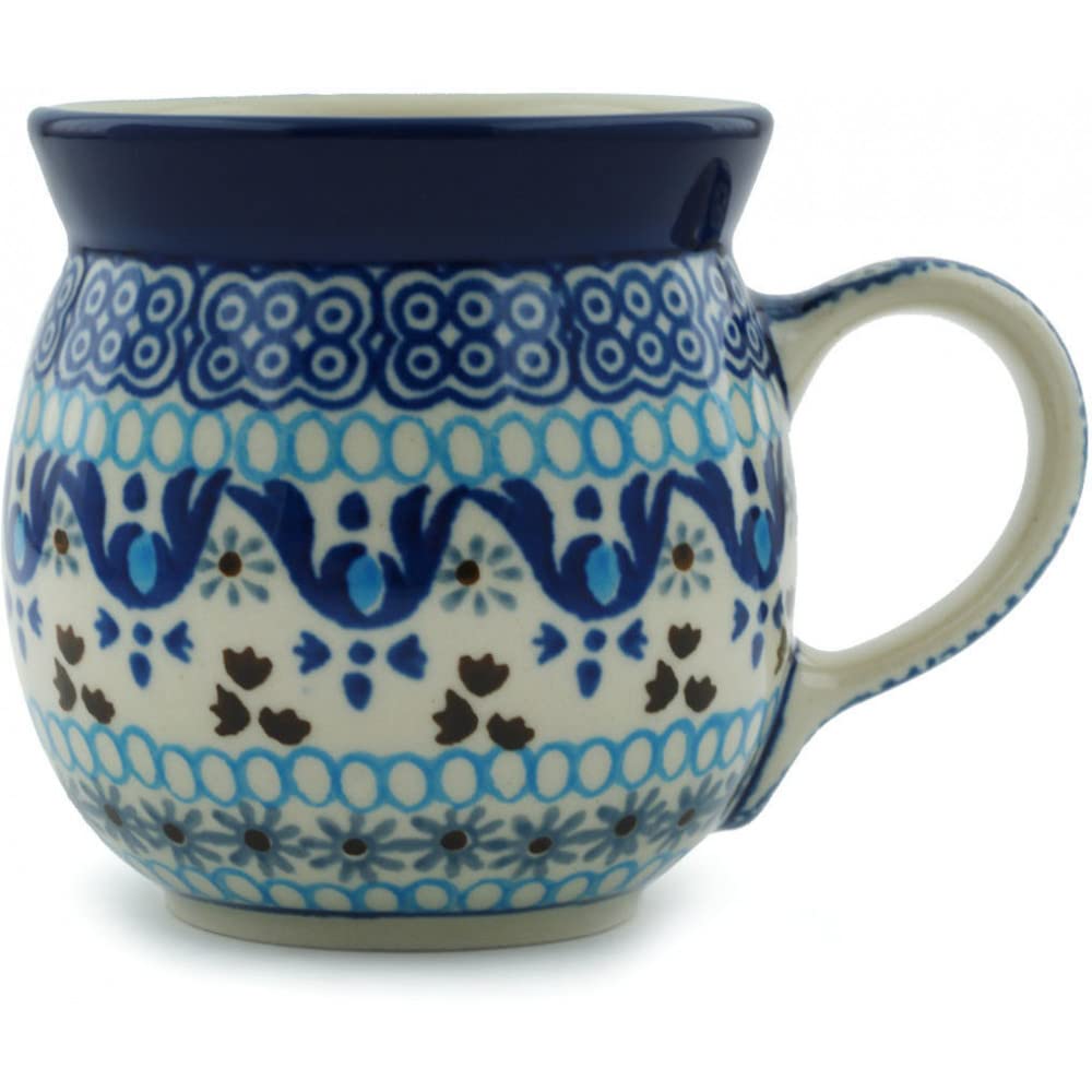 Authentic Polish Pottery Bubble Mug 8 oz in Blue Ice Design Handmade in Bolesławiec Poland by Ceramika Artystyczna + Certificate of Authenticity