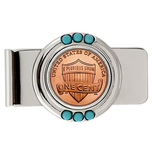 Coin Money Clip - Lincoln Union Shield Penny | Brass Moneyclip Layered in Silver-Tone Rhodium | Genuine Turquoise Stones | Holds Currency, Credit Cards, Cash | Genuine U.S. Coin | Certificate