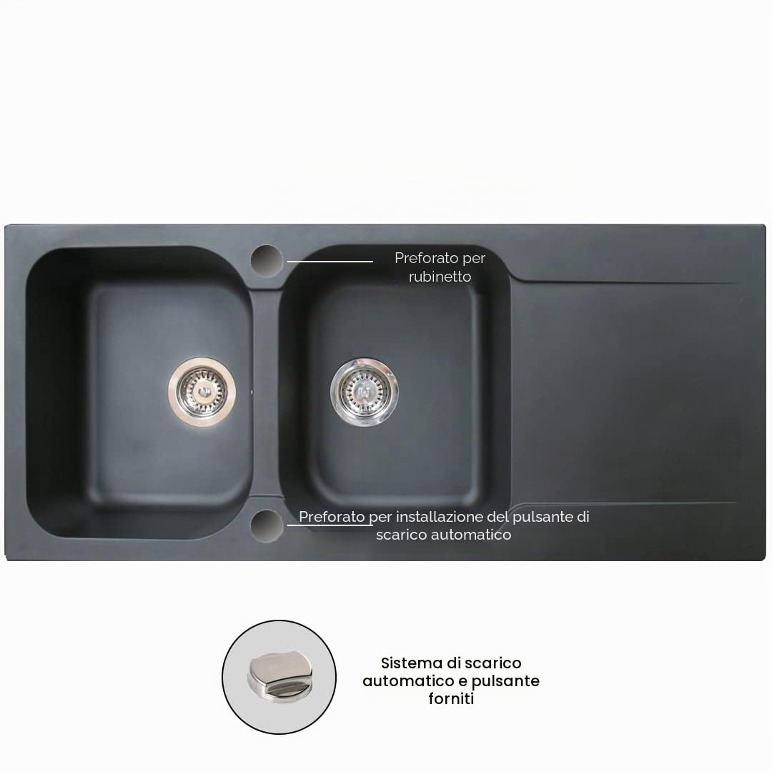 Essebagno Lisse lavello reversibile 2 vasche 1 sgocciolatoio in resina nera