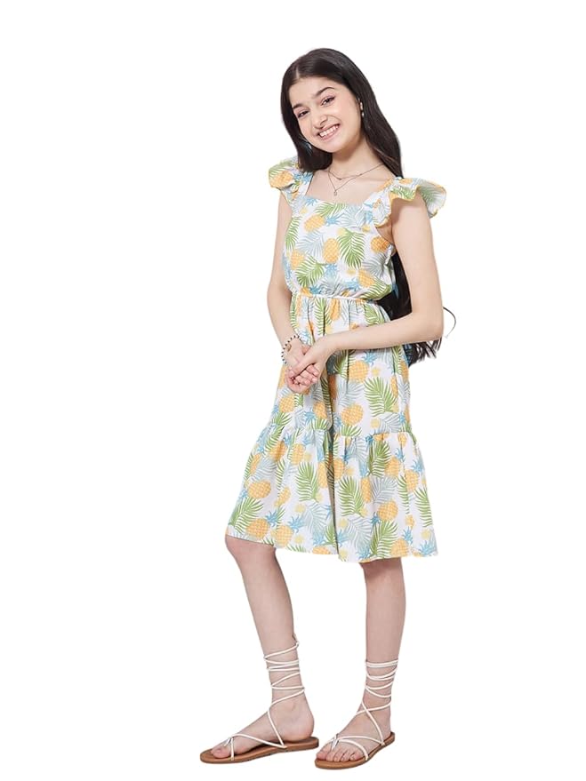 Pspeaches Girl's Floral Print Square Neck Flutter Sleeves Fit & Flare Dress Perfect for Casual Wear Stylish & Trendy