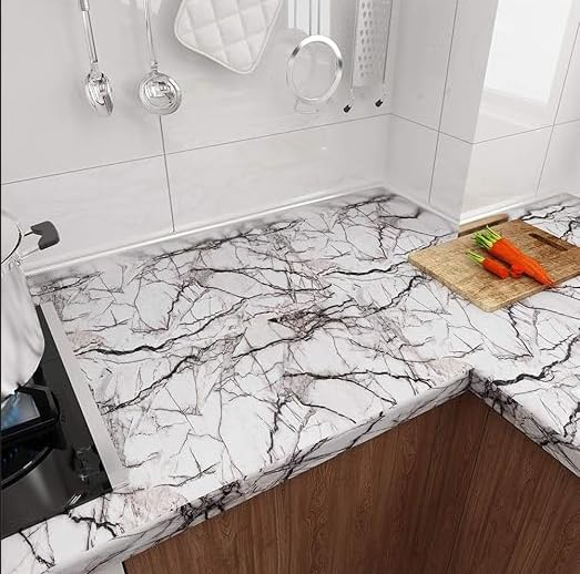 Image of SUNBIRD Wood Furniture Wallpaper Vinyl, Self-Adhesive Wood Wall Paper, Almirah,Kitchen Home Decoration 24in x 3 Meter (White Grey Marble)