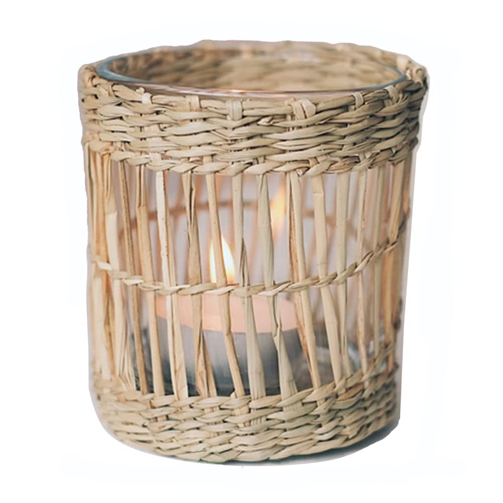 Rattan Wicker Woven Tea Light Candle Holder, Hand Woven Votive Tealight Candle Holder for Fathers Day Decoration Coastal Boho Beach House Seagrass Votive Candle Holder for Dining Table Kitchen