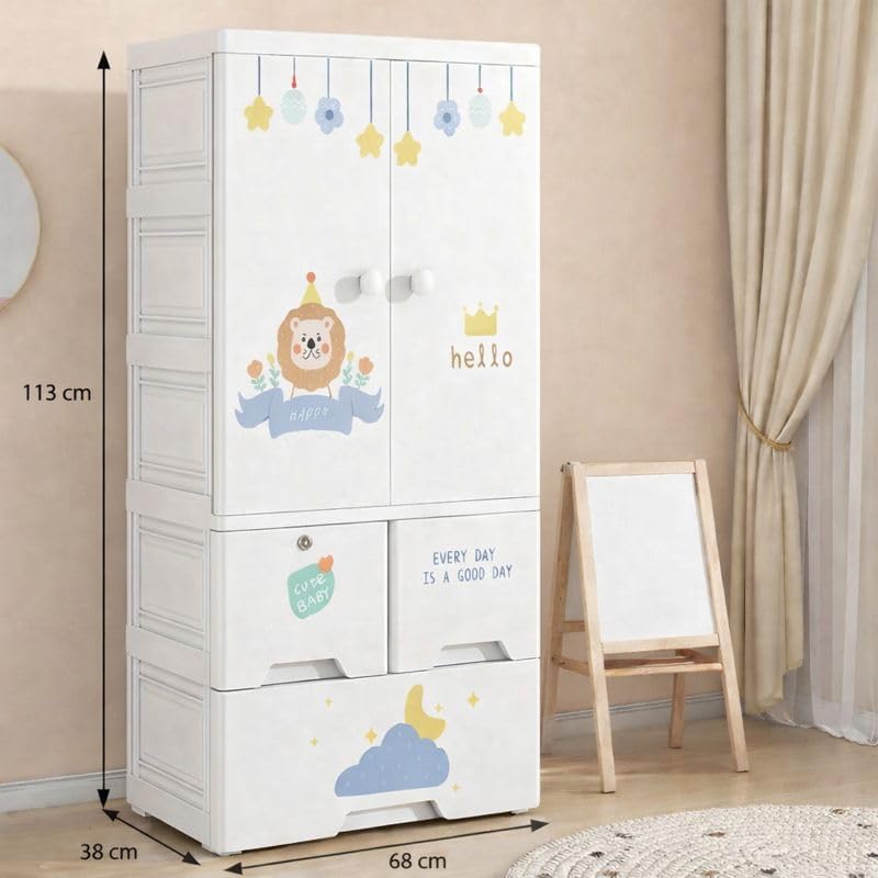 Image of Strassis Design 4- Door Plastic Wardrobe for Kids| Almirah and Wardrobe for Baby Clothes| Modular Storage Cabinet with Wheel Organizer for Cupboard Rack for Clothes /Shoes /Books /Toy (Lion)