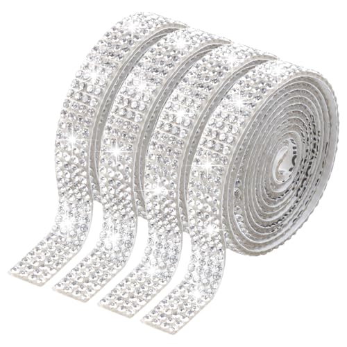 Loghohu Lot de 4 rouleaux de ruban de strass de 0,9 m - Argenté - Pour la maison, les vêtements, les loisirs créatifs, la décoration