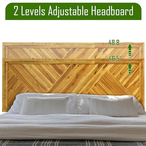 Image of Acacia Sierra Bed Frame with Headboard Solid Wood Platform Bed, Queen Bed Frame, Tall Headboard Wood Bed Compatible with All Mattress Types, No Box Spring Needed, Early American