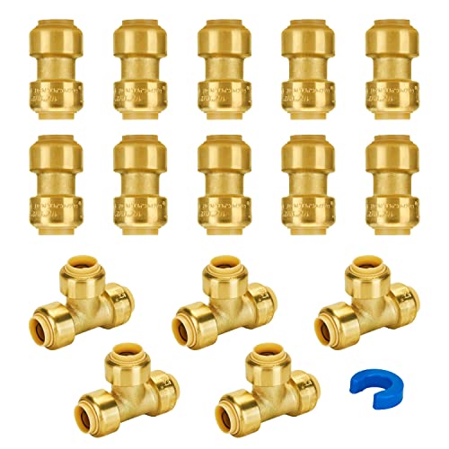 Image of SUNGATOR 15-Pack Push Fitting 1 /2 Inch, Coupling (10 PCS), Tee (5 PCS) | Brass Pex Fittings Assortment, Push-to-Connect, for Pex Pipe, Copper, CPVC, PE-RT, with 1 Disconnect Clip
