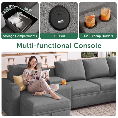 Image of HONBAY Modular Sleeper Sofa with Pull Out Bed, Central Console, Grey