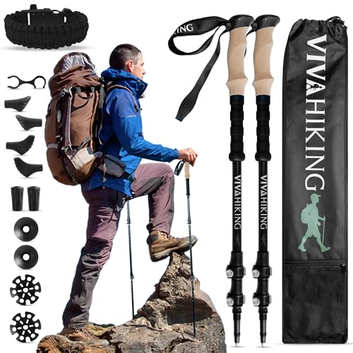 VIVAHIKING Bastones Senderismo | Bastones Trekking telescópicos de Aluminio Ligero | Incluye Palos Trekking + Accesorios + Bolsa + Pulsera de Supervivencia de Regalo