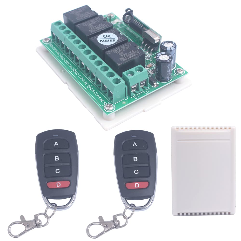 433Mhz 12V 4CH Canal Interrupteur sans fil, Interrupteur de télécommande 12V Ouvre-porte de garage intelligent Commutateur de relais à distance Émetteur Récepteur (1 récepteur + 2 émetteurs)