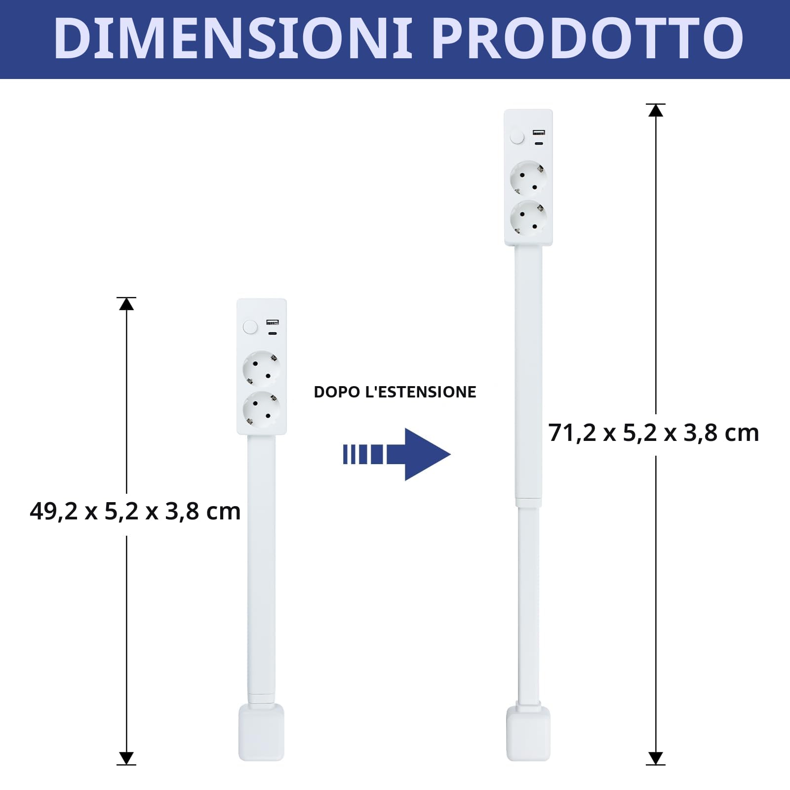Multipresa con porte USB-A, USB-C e 2 prese di corrente, prolunga da parete estensibile e rotante, ideale per comodini, divani, scrivanie e altri luoghi di difficile accesso.