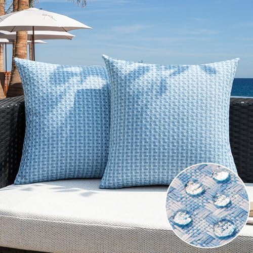 Kevin Textile Outdoor Waterproof Throw Pillow Covers Pack of 2 Weaving Texture Water Resistant Outside Decorative Cushion Covers for Garden Patio Tent Balcony Bench Couch Sofa 18x18 Inch Light Blue