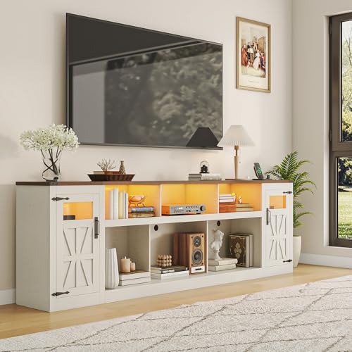 Image of chartustriable Farmhouse TV Stand for 100 Inch TV,95 inch Entertainment Center w /LED Light,Large Media Console Cabinet w /Rustic Barn Doors,Power Outlets,Adjustable Shelves for Living Room,White