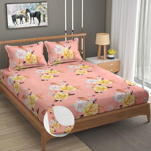 Image of Premium Heavy Cotton Elastic Fitted Bedsheets with 2 King Size Pillow Covers || Double Bed with All Around Elastic 350 TC || 72 x 72 x 10 Inch Queen Size Fitted || - Baby Pink Flower