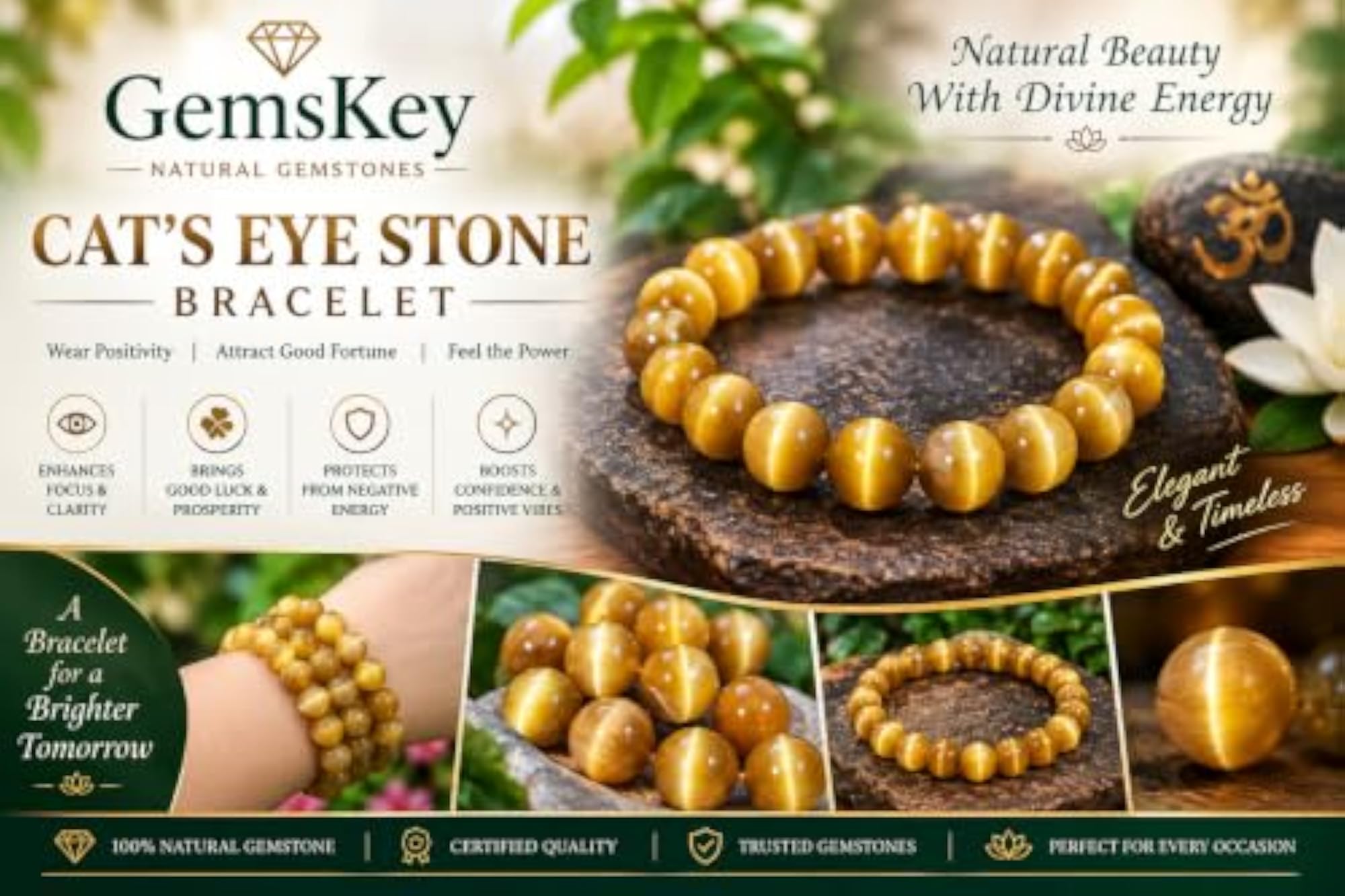 Handcrafted Yellow Cats Eye Bracelet, Stretchable