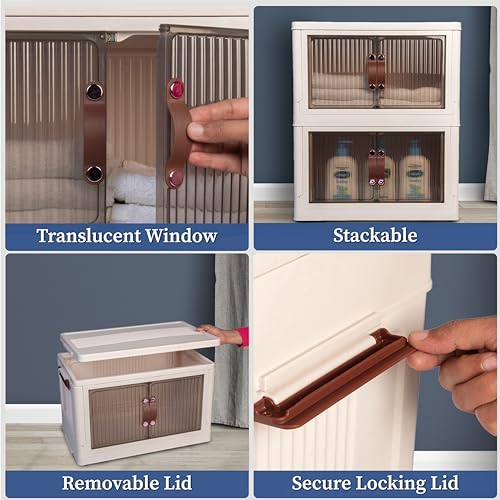 Image of HomeStrap Plastic Rollin Stacker with Wheels (Pack Of 1) | Foldable Stackable Storage| Box Collapsible Storage Bins with Handle for Cloth, Spacesaver Organizer Storage Box with Door, Brown
