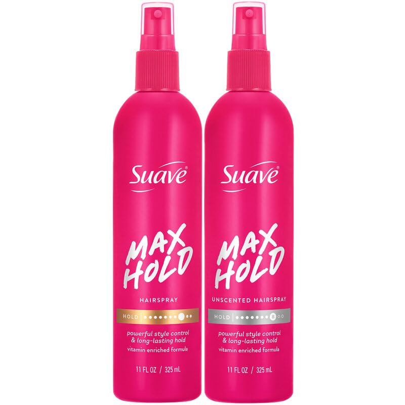 Suave Hairspray Max Hold Variety 2-Pack, Unscented & Scented Formulas – Non-Aerosol Hairspray, 11 Oz Ea