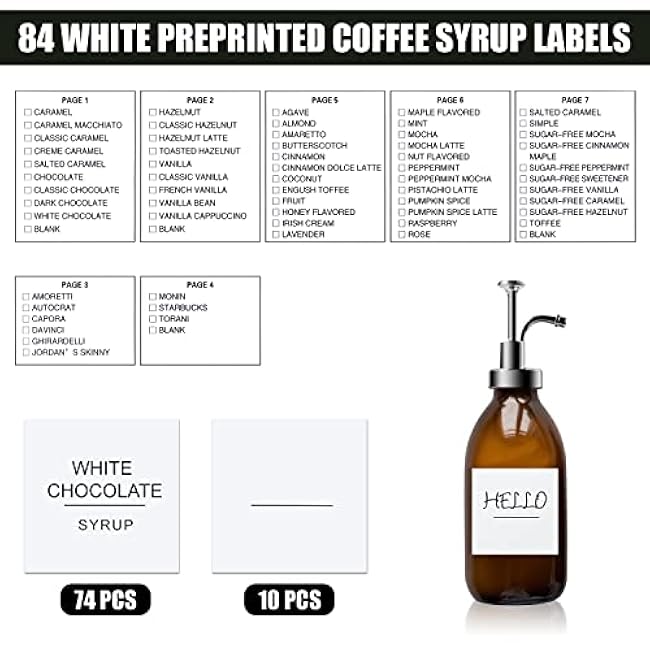 AIEX Coffee Syrup Labels, 84pcs Waterproof White Minimalist Stickers for Bottles, Bar Containers, Dispenser Organization