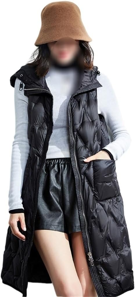 Thickened Warm Loose Mid Length Hooded Down Jacket Vest Warm Black Coat for Women