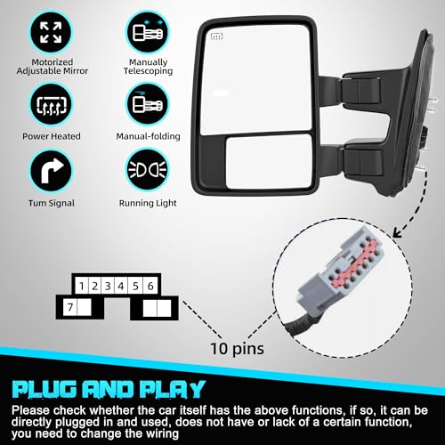 Image of Switchback Signal Heated Tow Mirrors Compatible with Ford Super Duty(2003-2007) and Excursion(2001-2005), Extended Trailer Towing Side Mirrors w /SEQ Turning Lights for F250 F350, Smoked Lens