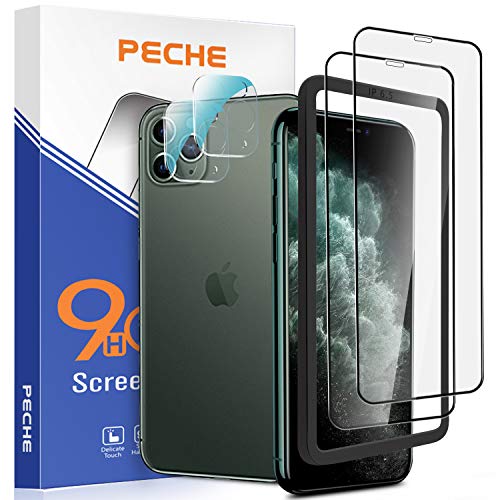 [4 Pack] PECHE Screen Protector for iPhone 11 Pro Max Camera Lens Protector Clear 3D Full Curved Tempered Glass[New Version] Add Cameras Flash Circle Case Friendly No-Bubble High Definition [6.5inch]