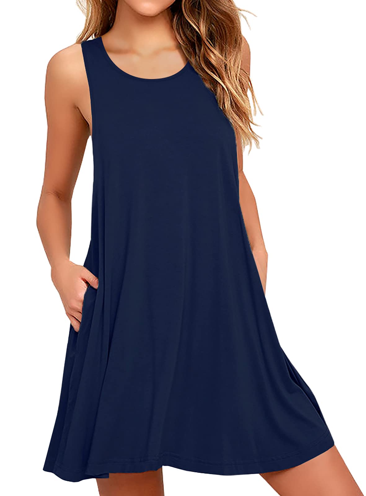 Actcat Strandkleid Damen Sommer Ärmellos Rundhals Leicht Luftig Casual Kleid mit Taschen Lässiges T-Shirt-Kleid