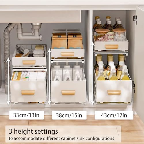 Under Sink Organizer 2-Tier Slide Out Storage, Height Adjustable for Kitchen & Bathroom Cabinets, Large Capacity, White/Black - Maximize Space & Declutter