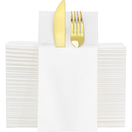 KAMMAK White Napkins Disposable Dinner Napkin Paper with Pocket