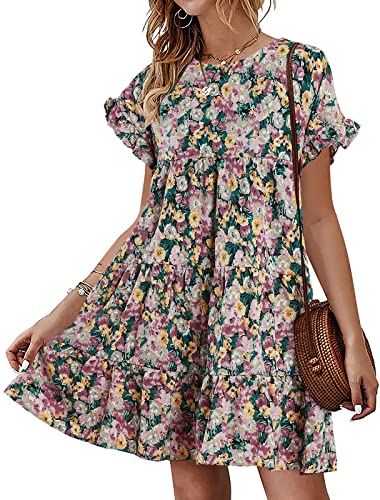 Image of Imysty Womens Boho Floral Ruffle Sleeve Babydoll Loose Flowy Casual Summer Pleated Mini Dress
