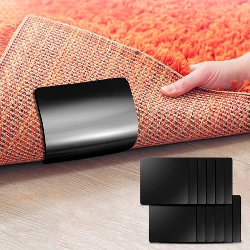 12 PCS Rug Grippers for Area Rugs — Reusable Non Slip Carpet Tape Holders for Hardwood Floors, Double-Sided Anti-Slip Pad Corner Stickers, Square Shape Rug Pad Grippers