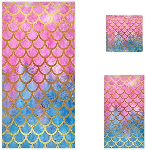 Naanle Chic Fantasy Mermaid Scales Print Soft Luxury Decorative 3 Pieces Set Towels, 1 Bath Towel+1 Hand Towel+1 Washcloth, Multipurpose for Bathroom, Hotel, Gym, Spa and Beach(Pink Blue)