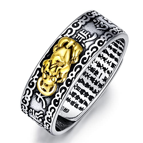 Seiyang Feng Shui Ring 925 Stering Silver Pixiu Mantra Ring Protection Wealth Adjustable Rings Gift for Men Women (with Gift Box)