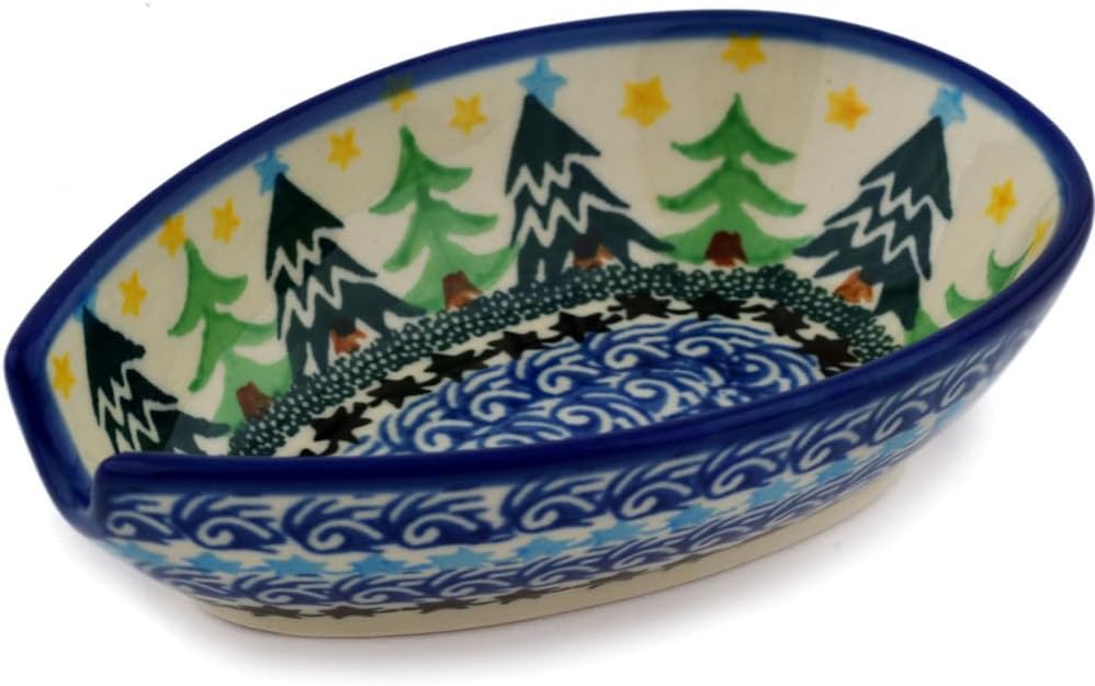 Polmedia Polish Pottery Spoon Rest - Christmas Evergreen Pattern Handmade in Boleslawiec Poland by Ceramika Artystyczna + Certificate of Authenticity