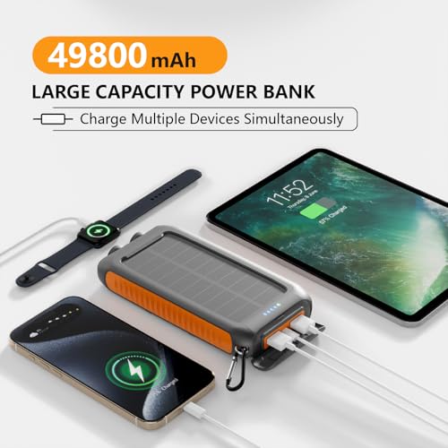 Image of Solar Charger Power Bank 49800mAh, Portable Solar Phone Charger with 2 USB-A & USB-C Ports, 15W Fast Charging for iPhone, Samsung and More, Dual Flashlightfor Camping, Travel & Emergency Backup