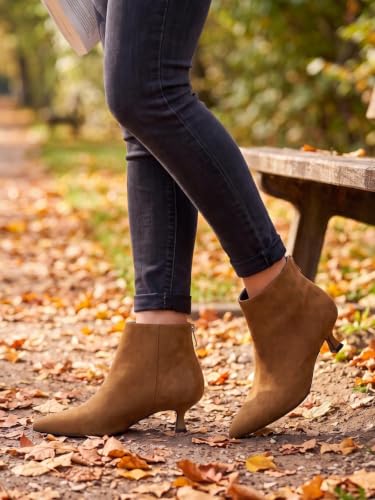 Image of Coutgo Womens Kitten Low Heel Booties Pointed Toe Short Ankle Boots Back Zipper Fall Shoes