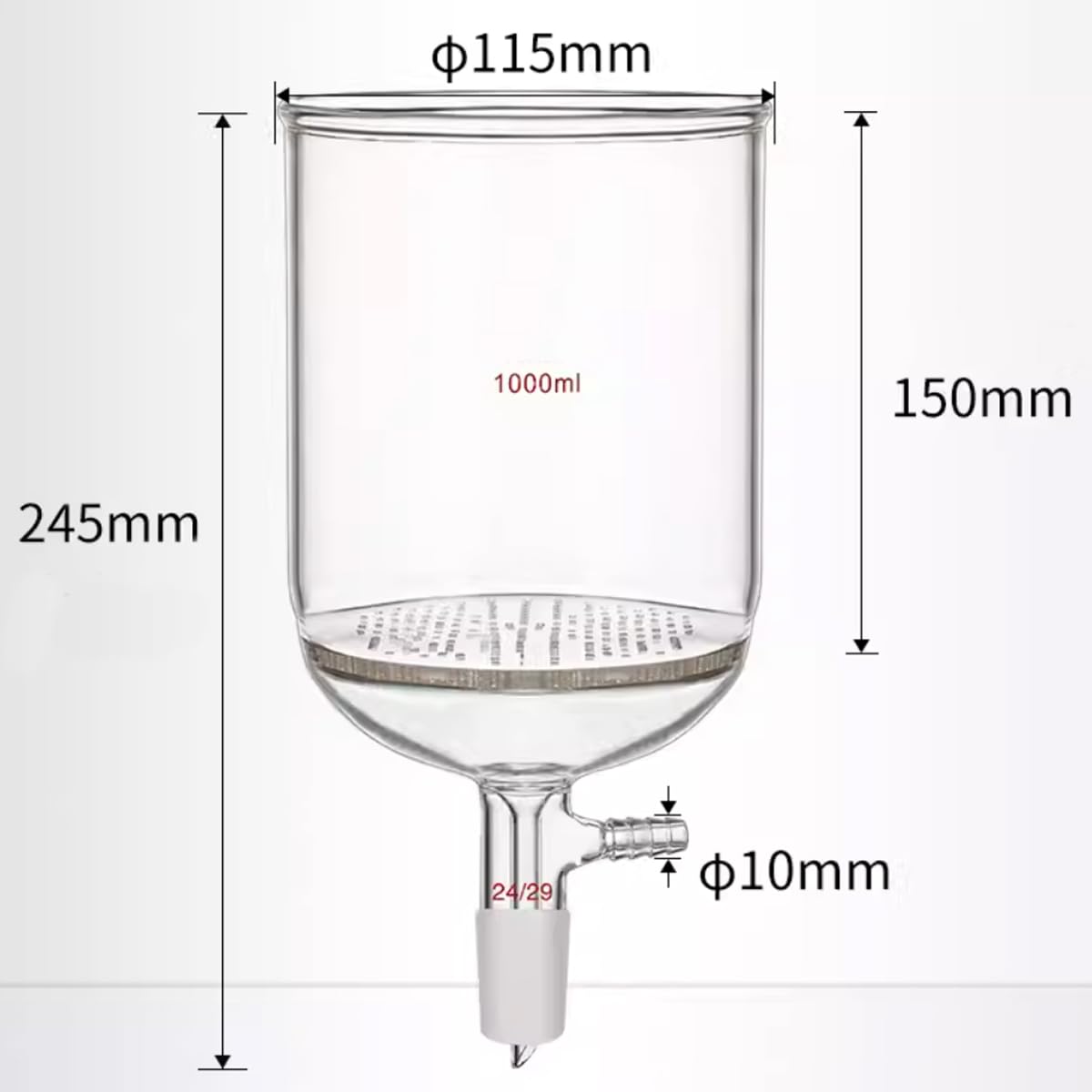 Embudo de filtro de vidrio Brinell de borosilicato, embudo de filtro de placa de vidrio perforado con costura estándar 24/29 en laboratorio (1000ML)