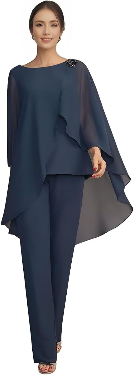 2 Pcs Mother of The Bride Pant Suits for Women Dressy - Chiffon Long Cape Sleeve Beaded Sequin Formal Party Prom Outfit