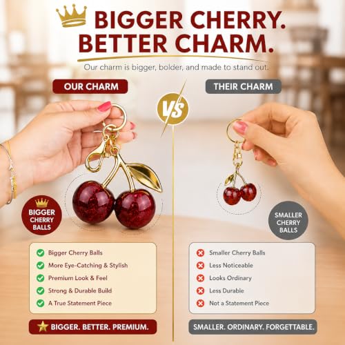Image of Dazzliq Metal Glitter Cherry Bag Charm With Key Ring Bag Charms For Handbags Cherry Keychain Unique Key Chains For Women Key Ring For Girls Cherry Charms For Bags Car Accessories, Red