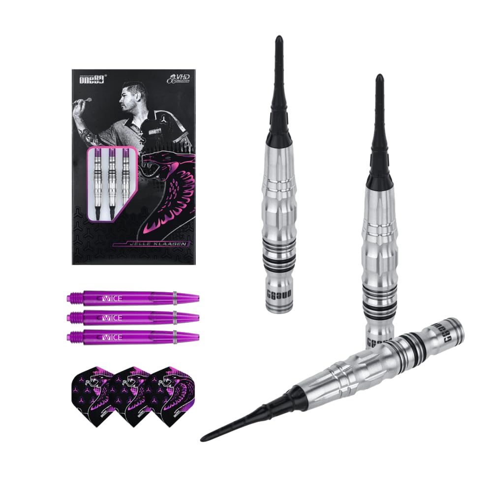 ONE80 Soft Dart Jelle Klaasen The Cobra V2 VHD 90% wolframu – idealna równowaga i przyczepność dla graczy miękkich rzutek, zestaw rzutek z trzonkami i lotkami, wysokiej jakości rzutki z wolframu
